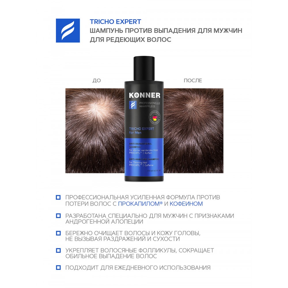 Шампунь против выпадения волос TRICHO EXPERT c усиленной формулой для мужчин с Procapil и кофеином, 250 мл